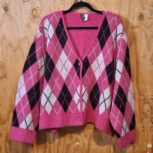 Divided H&M Cardigan Women's Size XXL Argyle V-Neck Cropped Maximalist Academia